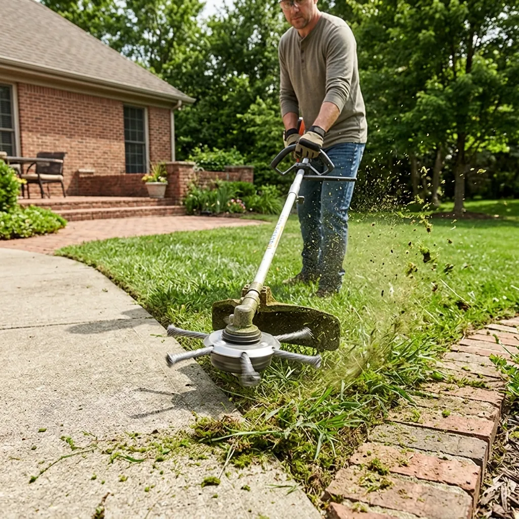 IronCut trimming along concrete sidewalk edges and stone curbs