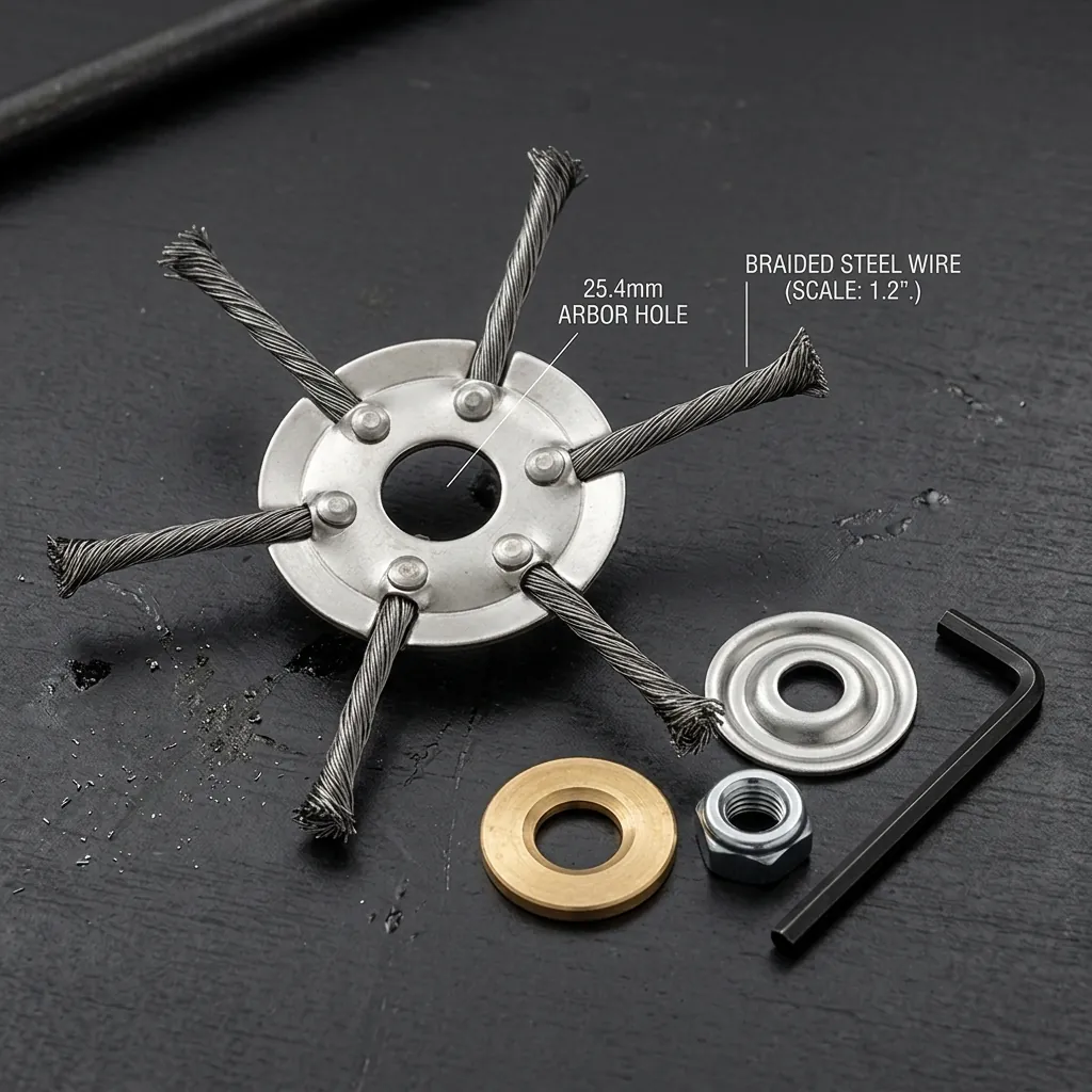 Macro detail of IronCut stainless steel hub and braided steel wire cables